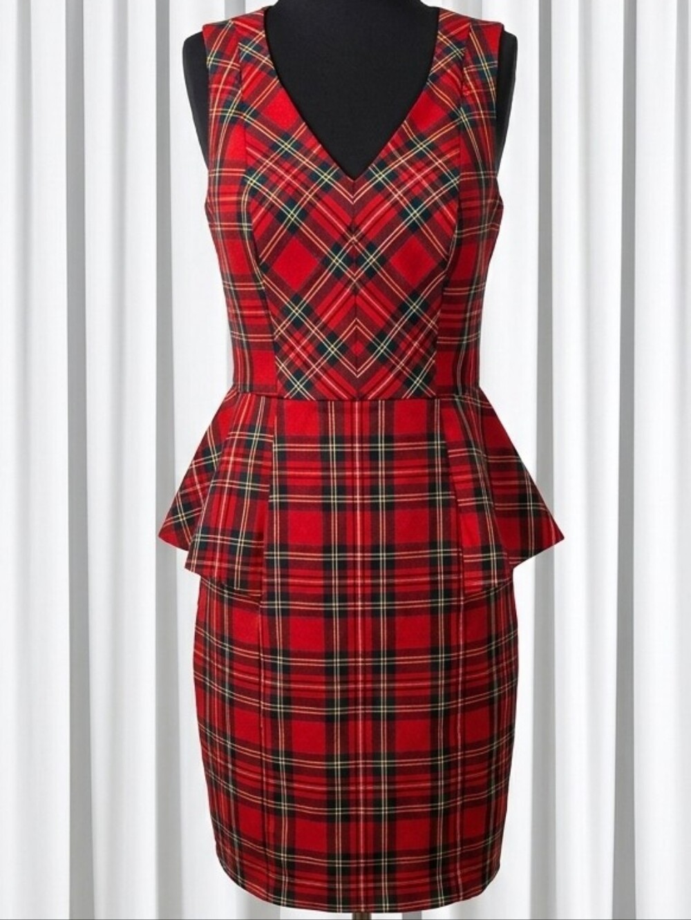Trina Turk Red Tartan Peplum Waist Shift Dress.